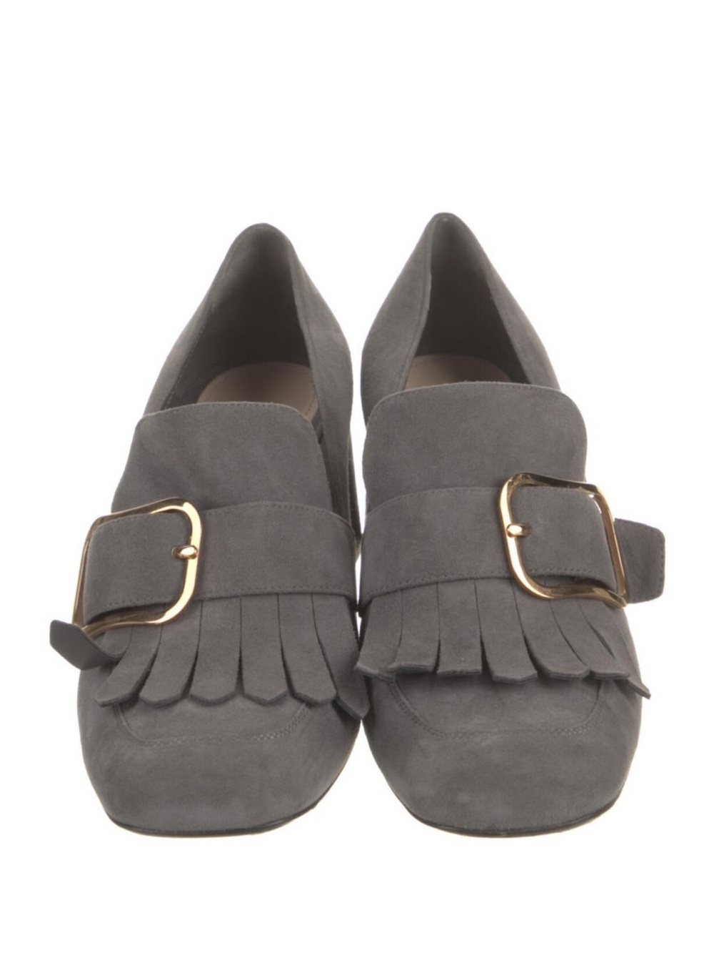 Prada Gray Suede Loafer with Fringe and Gold Buckle Heel - Picture 3 of 5